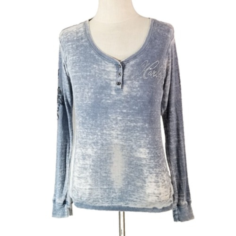 Harley-Davidson Shirt Women M Blue Henley Long Sleeve Bling Wing Acid Wash